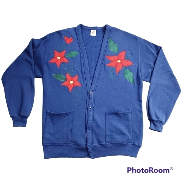 Vintage Jerzees Floral Embroidered Grandma Cardigan Christmas Sweater - Picture 1 of 6